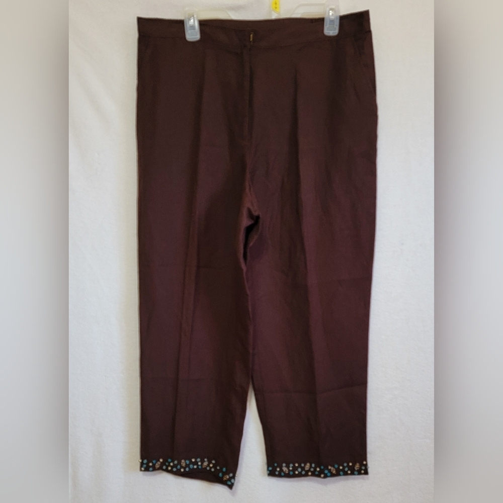 Women's Ruby Rd. Linen Capri with Beads, Chocolate, Size 16,‎ NWT